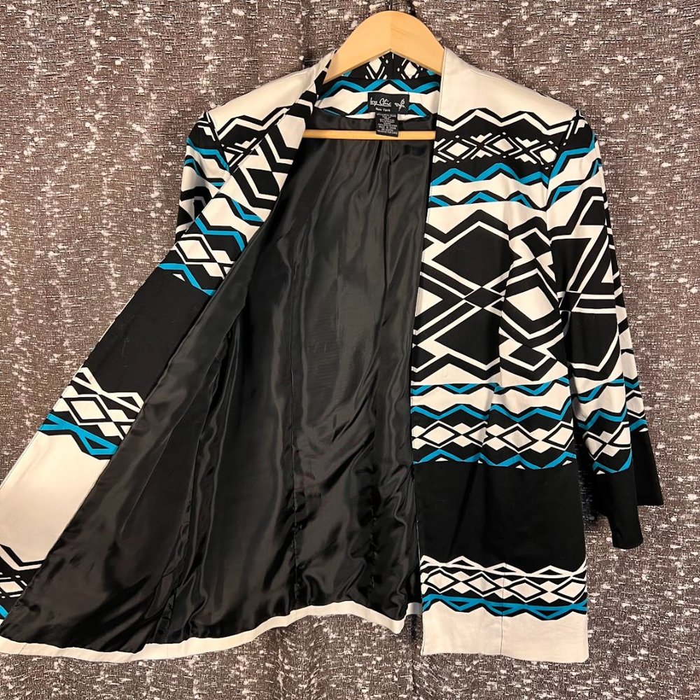 Ivy Chic Jacket Southwestern Print Open‎ Front Lined Side Pockets Black & Blue - Picture 3 of 6